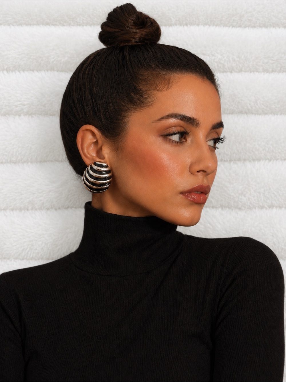 Vintage Dome Clip-On Earrings Silver Black Ribbed Bold Statement Retro Chic
